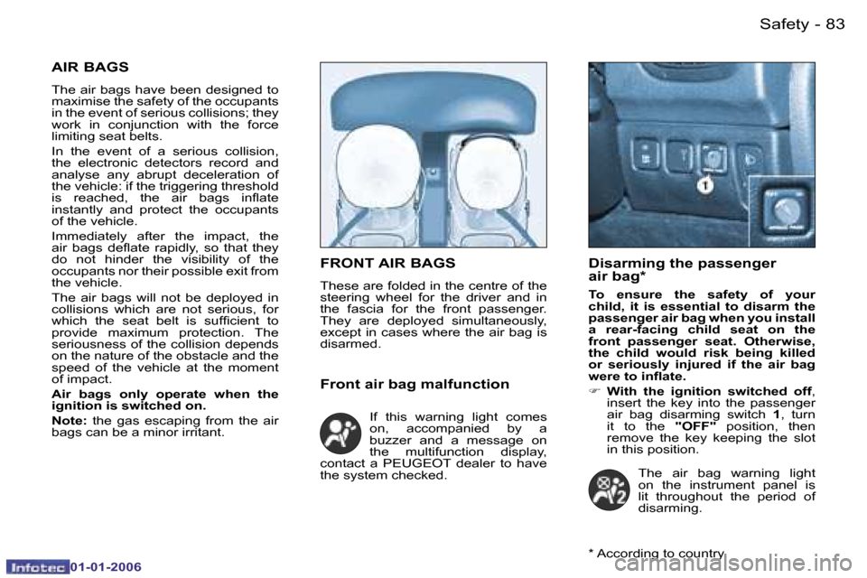 Peugeot 206 CC 2006  Owners Manual �8�3
�-�S�a�f�e�t�y
�0�1�-�0�1�-�2�0�0�6
�F�R�O�N�T� �A�I�R� �B�A�G�S
�T�h�e�s�e� �a�r�e� �f�o�l�d�e�d� �i�n� �t�h�e� �c�e�n�t�r�e� �o�f� �t�h�e�  
�s�t�e�e�r�i�n�g�  �w�h�e�e�l�  �f�o�r�  �t�h�e�  �d