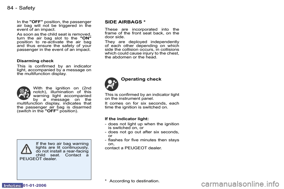 Peugeot 206 CC 2006  Owners Manual �8�4 �-�S�a�f�e�t�y
�0�1�-�0�1�-�2�0�0�6
�I�n� �t�h�e� 
�"�O�F�F�"�  �p�o�s�i�t�i�o�n�,� �t�h�e� �p�a�s�s�e�n�g�e�r� 
�a�i�r�  �b�a�g�  �w�i�l�l�  �n�o�t�  �b�e�  �t�r�i�g�g�e�r�e�d�  �i�n�  �t�h�e�  