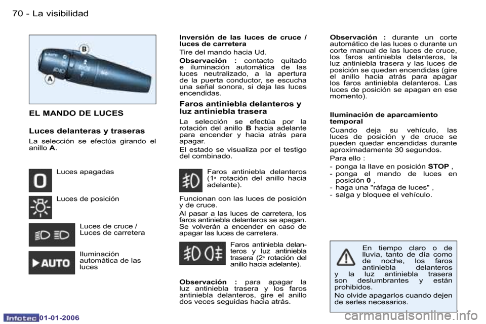 Peugeot 206 CC 2006  Manual del propietario (in Spanish) �7�0 �-�L�a� �v�i�s�i�b�i�l�i�d�a�d
�0�1�-�0�1�-�2�0�0�6
�O�b�s�e�r�v�a�c�i�ó�n�  �:� �d�u�r�a�n�t�e�  �u�n�  �c�o�r�t�e� 
�a�u�t�o�m�á�t�i�c�o� �d�e� �l�a�s� �l�u�c�e�s� �o� �d�u�r�a�n�t�e� �u�n�  