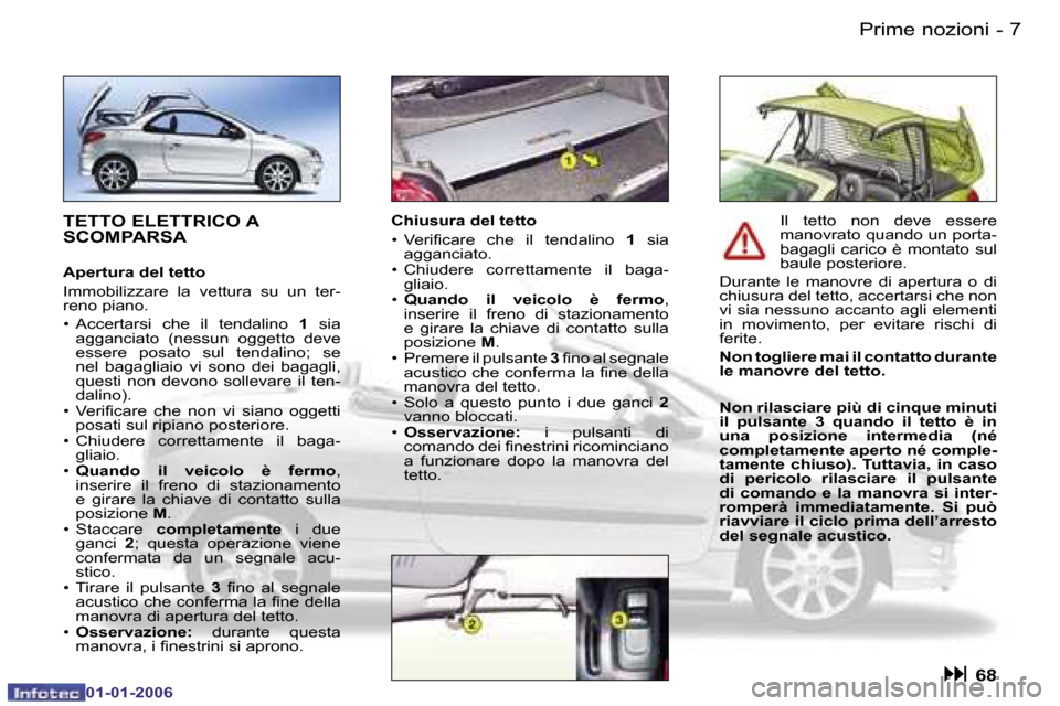 Peugeot 206 CC 2006  Manuale del proprietario (in Italian) �7
�-�P�r�i�m�e� �n�o�z�i�o�n�i
�0�1�-�0�1�-�2�0�0�6
�T�E�T�T�O� �E�L�E�T�T�R�I�C�O� �A�  
�S�C�O�M�P�A�R�S�A
�A�p�e�r�t�u�r�a� �d�e�l� �t�e�t�t�o 
�I�m�m�o�b�i�l�i�z�z�a�r�e�  �l�a�  �v�e�t�t�u�r�a� 