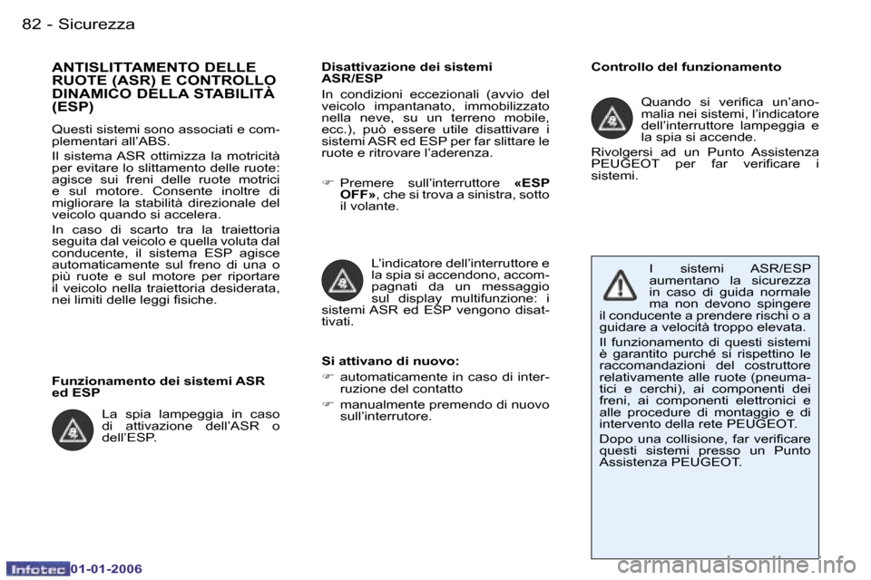 Peugeot 206 CC 2006  Manuale del proprietario (in Italian) �8�2 �-�S�i�c�u�r�e�z�z�a
�0�1�-�0�1�-�2�0�0�6
�C�o�n�t�r�o�l�l�o� �d�e�l� �f�u�n�z�i�o�n�a�m�e�n�t�o�A�N�T�I�S�L�I�T�T�A�M�E�N�T�O� �D�E�L�L�E�  
�R�U�O�T�E� �(�A�S�R�)� �E� �C�O�N�T�R�O�L�L�O� 
�D�I