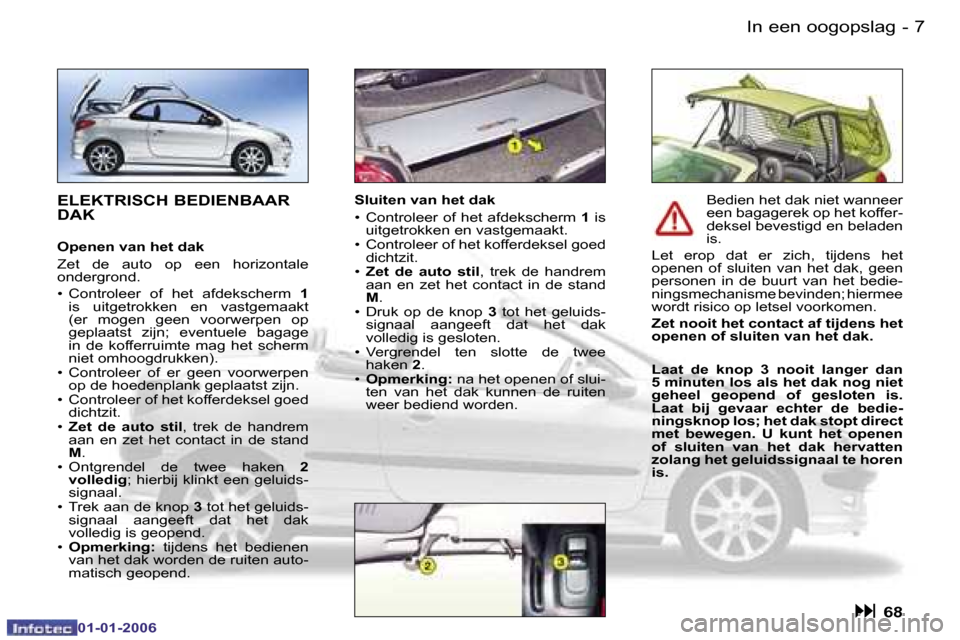 Peugeot 206 CC 2006  Handleiding (in Dutch) �7
�-�I�n� �e�e�n� �o�o�g�o�p�s�l�a�g
�0�1�-�0�1�-�2�0�0�6
�E�L�E�K�T�R�I�S�C�H� �B�E�D�I�E�N�B�A�A�R�  
�D�A�K
�O�p�e�n�e�n� �v�a�n� �h�e�t� �d�a�k 
�Z�e�t�  �d�e�  �a�u�t�o�  �o�p�  �e�e�n�  �h�o�r�