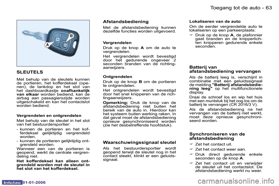 Peugeot 206 CC 2006  Handleiding (in Dutch) �6�3
�-�T�o�e�g�a�n�g� �t�o�t� �d�e� �a�u�t�o
�0�1�-�0�1�-�2�0�0�6
�S�L�E�U�T�E�L�S
�M�e�t�  �b�e�h�u�l�p�  �v�a�n�  �d�e�  �s�l�e�u�t�e�l�s�  �k�u�n�n�e�n�  
�d�e�  �p�o�r�t�i�e�r�e�n�,�  �h�e�t�  �k