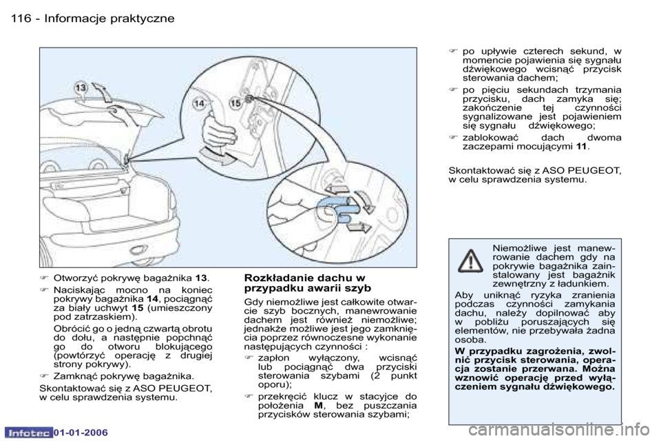 Peugeot 206 CC 2006  Instrukcja Obsługi (in Polish) �1�1�6 �-�I�n�f�o�r�m�a�c�j�e� �p�r�a�k�t�y�c�z�n�e
�0�1�-�0�1�-�2�0�0�6
��  �O�t�w�o�r�z�y�ć� �p�o�k�r�y�w
� �b�a�g�aG�n�i�k�a�  �1�3�.
� �  �N�a�c�i�s�k�a�j"�c�  �m�o�c�n�o�  �n�a�  �k�o�n