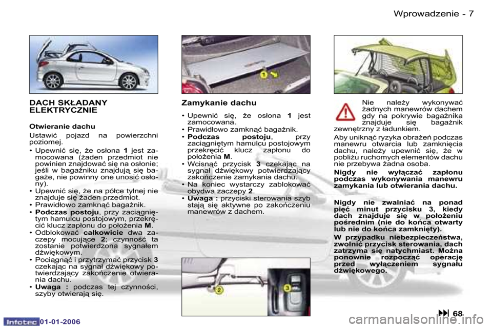 Peugeot 206 CC 2006  Instrukcja Obsługi (in Polish) �7
�-�W�p�r�o�w�a�d�z�e�n�i�e
�0�1�-�0�1�-�2�0�0�6
�D�A�C�H� �S�K�Ł�A�D�A�N�Y�  
�E�L�E�K�T�R�Y�C�Z�N�I�E
�O�t�w�i�e�r�a�n�i�e� �d�a�c�h�u 
�U�s�t�a�w�i�ć�  �p�o�j�a�z�d�  �n�a�  �p�o�w�i�e�r�z�c�h�
