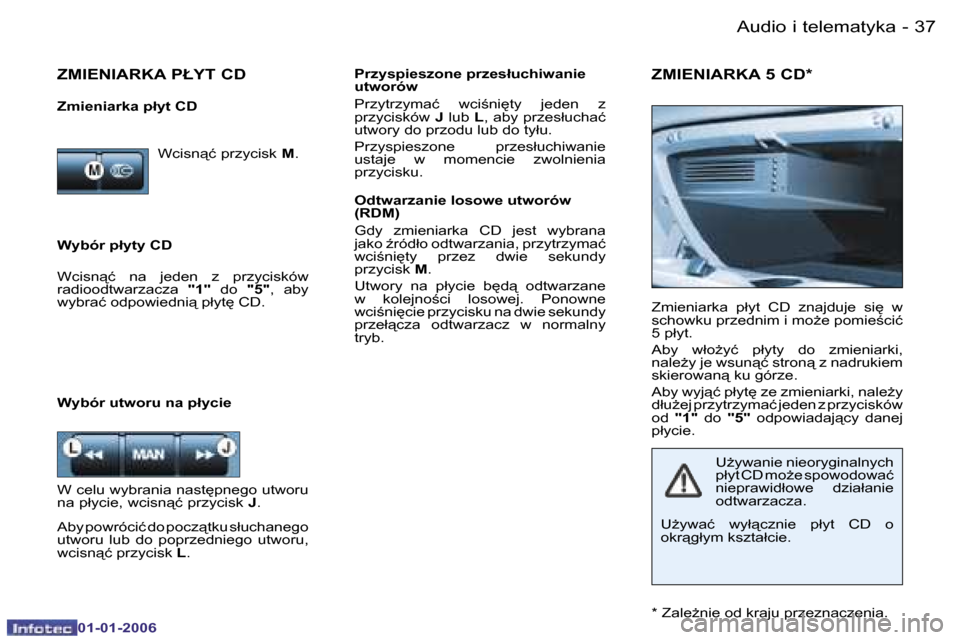 Peugeot 206 CC 2006  Instrukcja Obsługi (in Polish) �3�7
�-�A�u�d�i�o� �i� �t�e�l�e�m�a�t�y�k�a
�0�1�-�0�1�-�2�0�0�6
�W�y�b�ó�r� �p�ł�y�t�y� �C�D �P�r�z�y�s�p�i�e�s�z�o�n�e� �p�r�z�e�s�ł�u�c�h�i�w�a�n�i�e�  
�u�t�w�o�r�ó�w 
�P�r�z�y�t�r�z�y�m�a�ć�