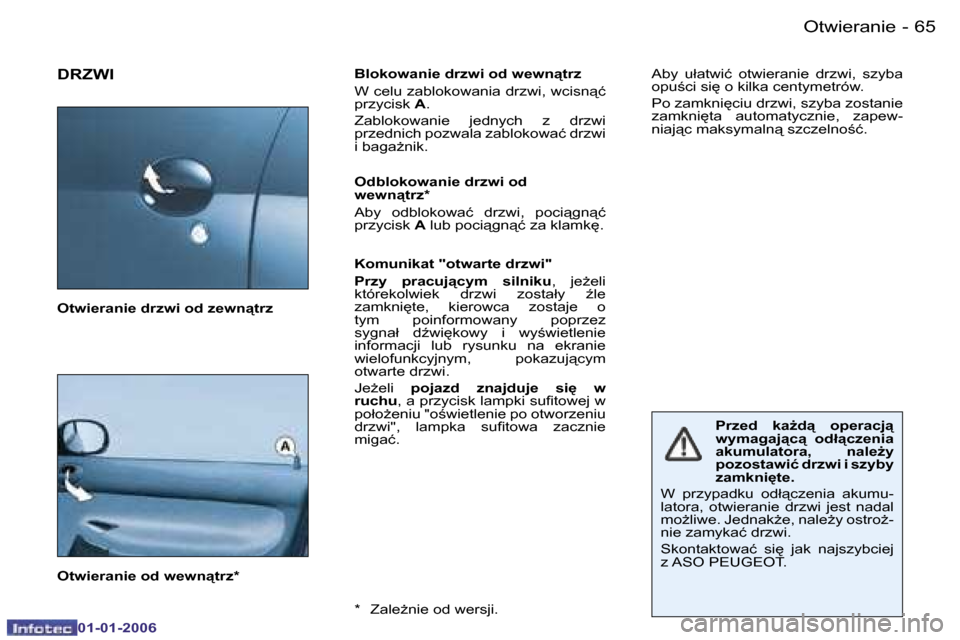 Peugeot 206 CC 2006  Instrukcja Obsługi (in Polish) �6�5
�-�O�t�w�i�e�r�a�n�i�e
�0�1�-�0�1�-�2�0�0�6
�D�R�Z�W�I�B�l�o�k�o�w�a�n�i�e� �d�r�z�w�i� �o�d� �w�e�w�n"�t�r�z 
�W� �c�e�l�u� �z�a�b�l�o�k�o�w�a�n�i�a� �d�r�z�w�i�,� �w�c�i�s�n"�ć�  
�p�r�z�y�c