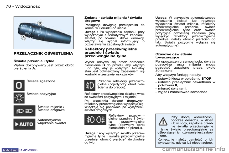 Peugeot 206 CC 2006  Instrukcja Obsługi (in Polish) �7�0 �-�W�i�d�o�c�z�n�o�ć
�0�1�-�0�1�-�2�0�0�6
�U�w�a�g�a�:� �W�  �p�r�z�y�p�a�d�k�u�  �a�u�t�o�m�a�t�y�c�z�n�e�g�o� 
�w�y�ł"�c�z�a�n�i�a�  �w�i�a�t�e�ł�  �l�u�b�  �r
�c�z�n�e�g�o�  
�w�y�ł