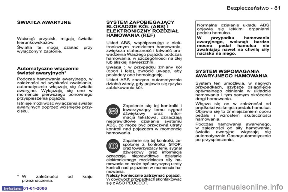 Peugeot 206 CC 2006  Instrukcja Obsługi (in Polish) �8�1
�-
�B�e�z�p�i�e�c�z�e1�s�t�w�o
�0�1�-�0�1�-�2�0�0�6
�S�Y�S�T�E�M� �Z�A�P�O�B�I�E�G�A�J�C�Y�  
�B�L�O�K�A�D�Z�I�E� �K�Ó�Ł� �(�A�B�S�)� �I� 
�E�L�E�K�T�R�O�N�I�C�Z�N�Y� �R�O�Z�D�Z�I�A�Ł� 
�H�