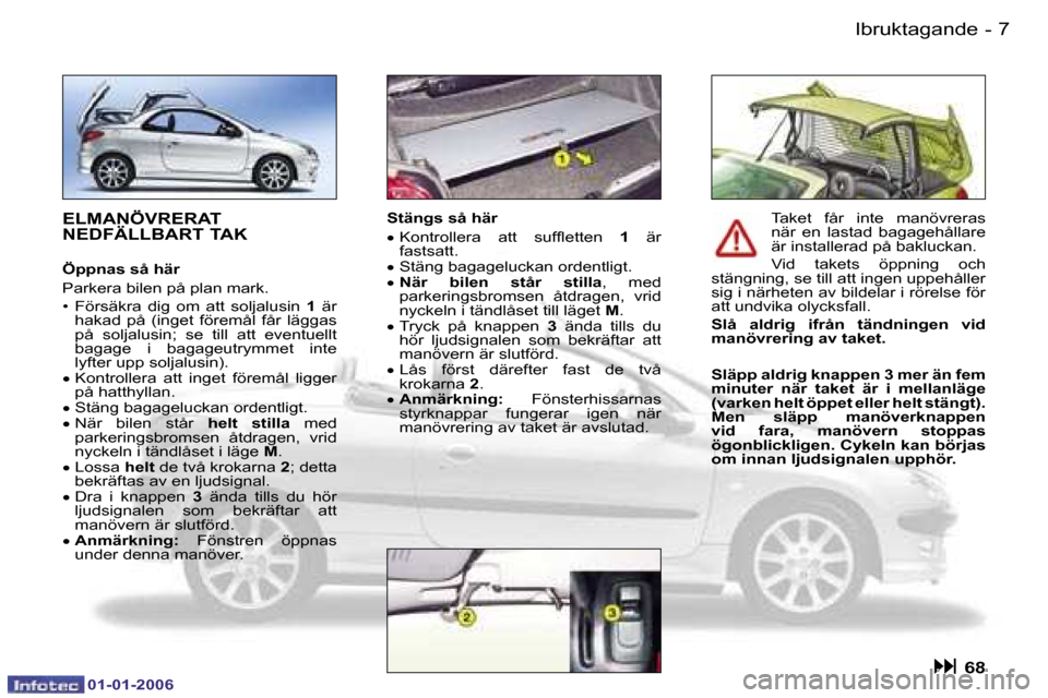 Peugeot 206 CC 2006  Ägarmanual (in Swedish) �7
�-�I�b�r�u�k�t�a�g�a�n�d�e
�0�1�-�0�1�-�2�0�0�6
�E�L�M�A�N�Ö�V�R�E�R�A�T�  
�N�E�D�F�Ä�L�L�B�A�R�T� �T�A�K
�Ö�p�p�n�a�s� �s�å� �h�ä�r 
�P�a�r�k�e�r�a� �b�i�l�e�n� �p�å� �p�l�a�n� �m�a�r�k�. 
