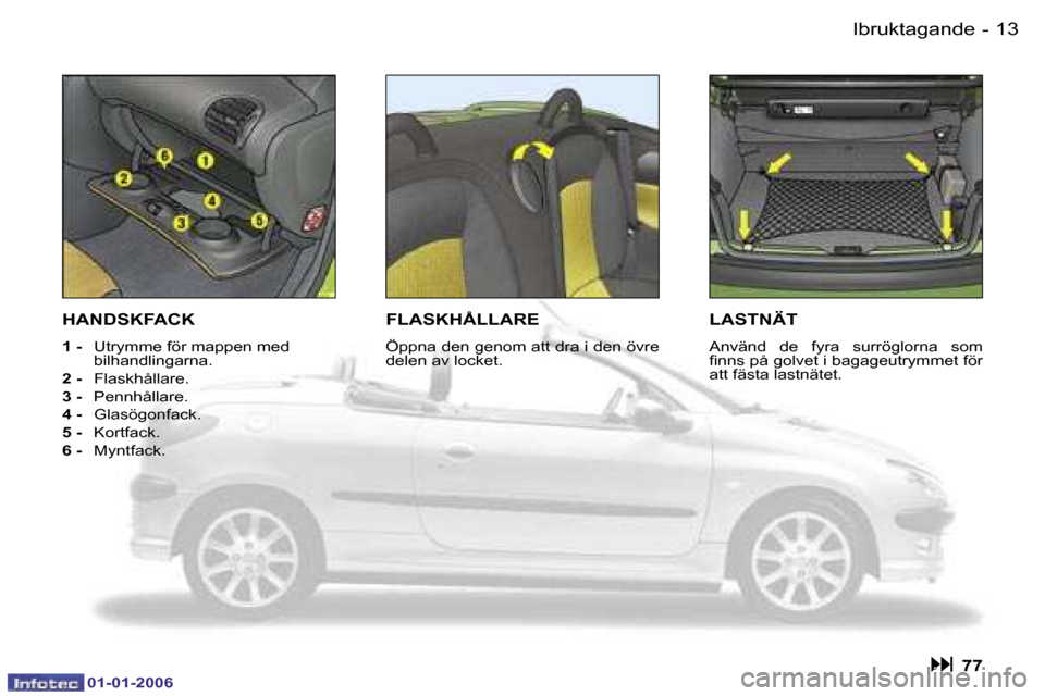 Peugeot 206 CC 2006  Ägarmanual (in Swedish) �1�3
�-�I�b�r�u�k�t�a�g�a�n�d�e
�0�1�-�0�1�-�2�0�0�6
�L�A�S�T�N�Ä�T
�A�n�v�ä�n�d�  �d�e�  �f�y�r�a�  �s�u�r�r�ö�g�l�o�r�n�a�  �s�o�m�  
�ﬁ�n�n�s �p�å �g�o�l�v�e�t �i �b�a�g�a�g�e�u�t�r�y�m�m�e�t