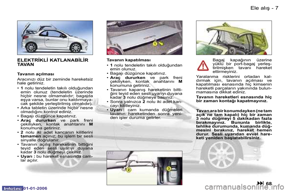 Peugeot 206 CC 2006  Kullanım Kılavuzu (in Turkish) �7
�-�E�l�e� �a�l�ı�ş
�0�1�-�0�1�-�2�0�0�6
�E�L�E�K�T�R�İ�K�L�İ� �K�A�T�L�A�N�A�B�İ�L�İ�R�  
�T�A�V�A�N
�T�a�v�a�n�ı�n� �a�ç�ı�l�m�a�s�ı 
�A�r�a�c�ı�n�ı�z�ı� �d�ü�z� �b�i�r� �z�e�m�i�n�d