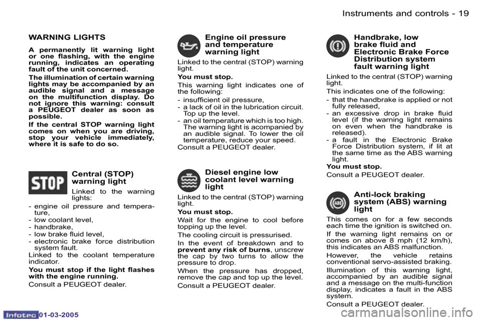 Peugeot 206 CC 2005  Owners Manual �1�8 �-�I�n�s�t�r�u�m�e�n�t�s� �a�n�d� �c�o�n�t�r�o�l�s
�0�1�-�0�3�-�2�0�0�5
�1�9
�-�I�n�s�t�r�u�m�e�n�t�s� �a�n�d� �c�o�n�t�r�o�l�s
�0�1�-�0�3�-�2�0�0�5
�W�A�R�N�I�N�G� �L�I�G�H�T�S
�A�  �p�e�r�m�a�n