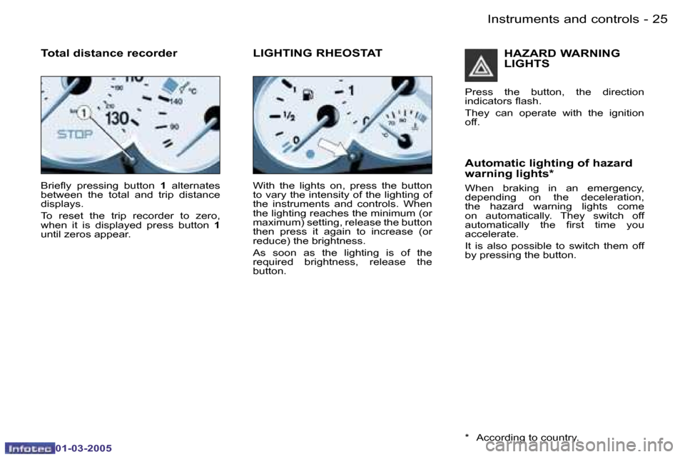 Peugeot 206 CC 2005  Owners Manual �2�4 �-�I�n�s�t�r�u�m�e�n�t�s� �a�n�d� �c�o�n�t�r�o�l�s
�0�1�-�0�3�-�2�0�0�5
�2�5
�-�I�n�s�t�r�u�m�e�n�t�s� �a�n�d� �c�o�n�t�r�o�l�s
�0�1�-�0�3�-�2�0�0�5
�B�r�i�e�l�y�  �p�r�e�s�s�i�n�g�  �b�u�t�t�o�n