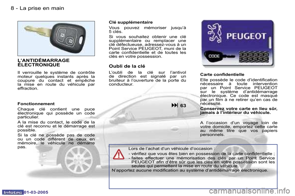 Peugeot 206 CC 2005  Manuel du propriétaire (in French) �8 �-�L�a� �p�r�i�s�e� �e�n� �m�a�i�n
�0�1�-�0�3�-�2�0�0�5
�9
�-�L�a� �p�r�i�s�e� �e�n� �m�a�i�n
�0�1�-�0�3�-�2�0�0�5
�L�’�A�N�T�I�D�É�M�A�R�R�A�G�E�  
�É�L�E�C�T�R�O�N�I�Q�U�E
�I�l�  �v�e�r�r�o�u