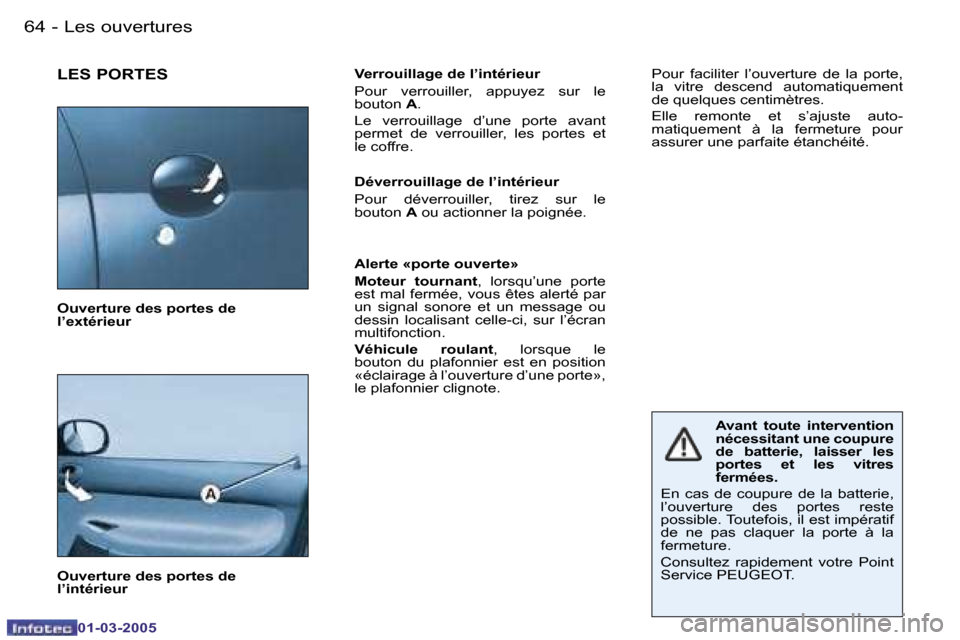 Peugeot 206 CC 2005  Manuel du propriétaire (in French) �6�4 �-�L�e�s� �o�u�v�e�r�t�u�r�e�s
�0�1�-�0�3�-�2�0�0�5
�6�5
�-�L�e�s� �o�u�v�e�r�t�u�r�e�s
�0�1�-�0�3�-�2�0�0�5
�L�E�S� �P�O�R�T�E�S�V�e�r�r�o�u�i�l�l�a�g�e� �d�e� �l�’�i�n�t�é�r�i�e�u�r 
�P�o�u�