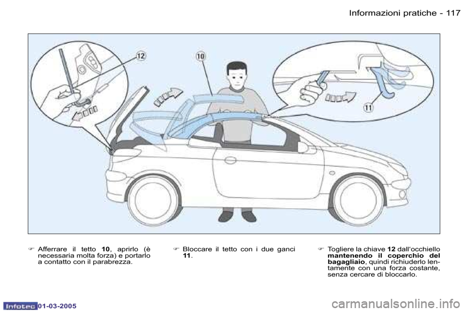 Peugeot 206 CC 2005  Manuale del proprietario (in Italian) �1�1�6 �-�I�n�f�o�r�m�a�z�i�o�n�i� �p�r�a�t�i�c�h�e
�0�1�-�0�3�-�2�0�0�5
�1�1�7
�-�I�n�f�o�r�m�a�z�i�o�n�i� �p�r�a�t�i�c�h�e
�0�1�-�0�3�-�2�0�0�5
�F
�  �A�f�f�e�r�r�a�r�e�  �i�l�  �t�e�t�t�o�  �1�0�,�
