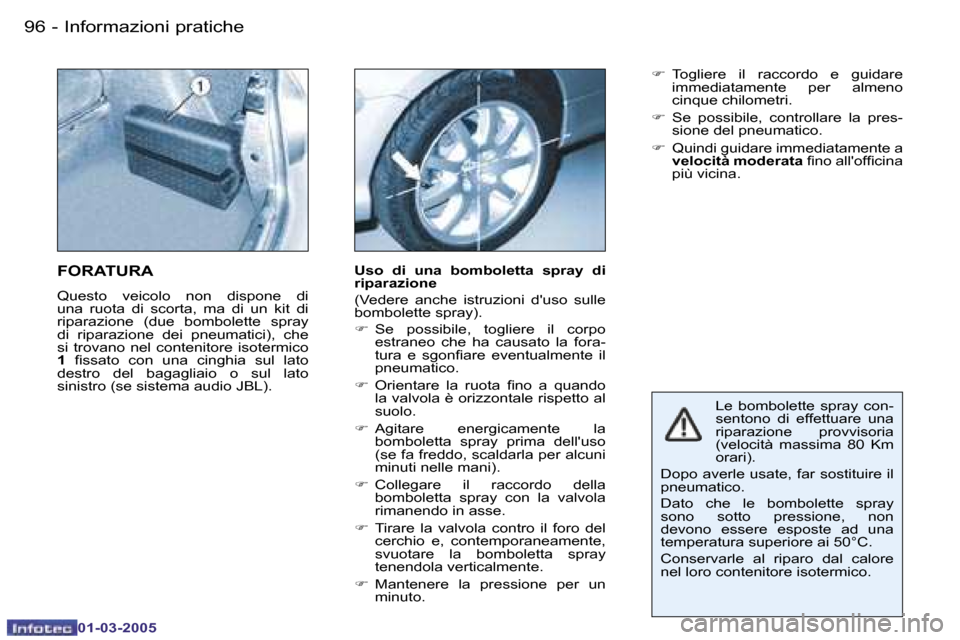Peugeot 206 CC 2005  Manuale del proprietario (in Italian) �9�6 �-�I�n�f�o�r�m�a�z�i�o�n�i� �p�r�a�t�i�c�h�e
�0�1�-�0�3�-�2�0�0�5
�9�7
�-�I�n�f�o�r�m�a�z�i�o�n�i� �p�r�a�t�i�c�h�e
�0�1�-�0�3�-�2�0�0�5
�L�e�  �b�o�m�b�o�l�e�t�t�e�  �s�p�r�a�y�  �c�o�n�- 
�s�e�