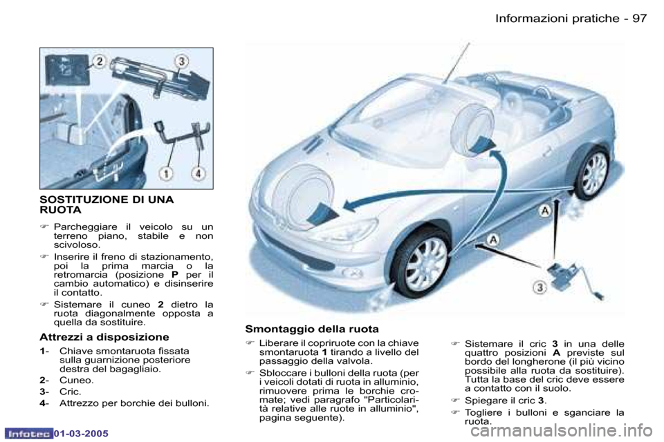 Peugeot 206 CC 2005  Manuale del proprietario (in Italian) �9�6 �-�I�n�f�o�r�m�a�z�i�o�n�i� �p�r�a�t�i�c�h�e
�0�1�-�0�3�-�2�0�0�5
�9�7
�-�I�n�f�o�r�m�a�z�i�o�n�i� �p�r�a�t�i�c�h�e
�0�1�-�0�3�-�2�0�0�5
�S�O�S�T�I�T�U�Z�I�O�N�E� �D�I� �U�N�A�  
�R�U�O�T�A
�F
� 