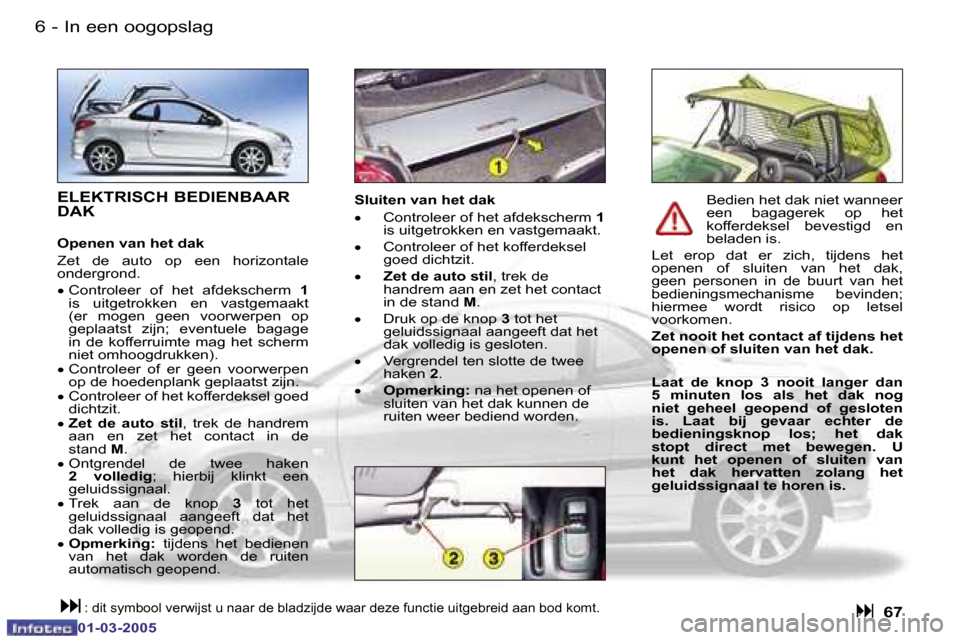 Peugeot 206 CC 2005  Handleiding (in Dutch) �6 �-�I�n� �e�e�n� �o�o�g�o�p�s�l�a�g
�0�1�-�0�3�-�2�0�0�5
�7
�-
�I�n� �e�e�n� �o�o�g�o�p�s�l�a�g
�0�1�-�0�3�-�2�0�0�5
�E�L�E�K�T�R�I�S�C�H� �B�E�D�I�E�N�B�A�A�R�  
�D�A�K
�O�p�e�n�e�n� �v�a�n� �h�e�t