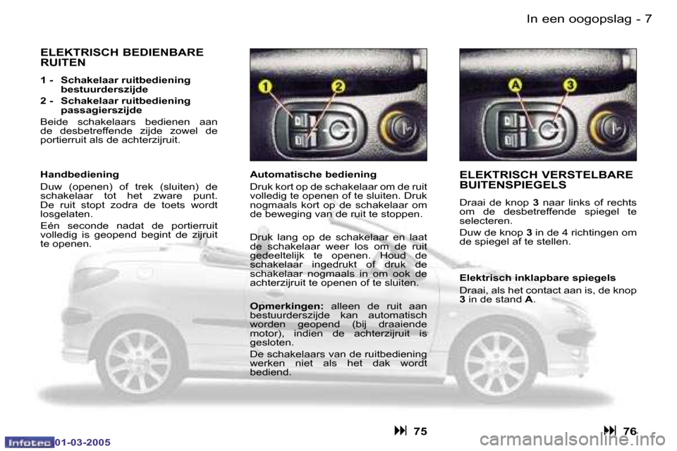 Peugeot 206 CC 2005  Handleiding (in Dutch) �6 �-�I�n� �e�e�n� �o�o�g�o�p�s�l�a�g
�0�1�-�0�3�-�2�0�0�5
�7
�-�I�n� �e�e�n� �o�o�g�o�p�s�l�a�g
�0�1�-�0�3�-�2�0�0�5
�E�L�E�K�T�R�I�S�C�H� �V�E�R�S�T�E�L�B�A�R�E�  
�B�U�I�T�E�N�S�P�I�E�G�E�L�S
�D�r�