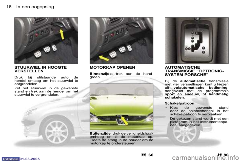 Peugeot 206 CC 2005  Handleiding (in Dutch) �1�6 �-�I�n� �e�e�n� �o�o�g�o�p�s�l�a�g
�0�1�-�0�3�-�2�0�0�5
�A�U�T�O�M�A�T�I�S�C�H�E�  
�T�R�A�N�S�M�I�S�S�I�E� �"�T�I�P�T�R�O�N�I�C�-
�S�Y�S�T�E�M� �P�O�R�S�C�H�E�"
�B�i�j�  �d�e� �a�u�t�o�m�a�t�i�s