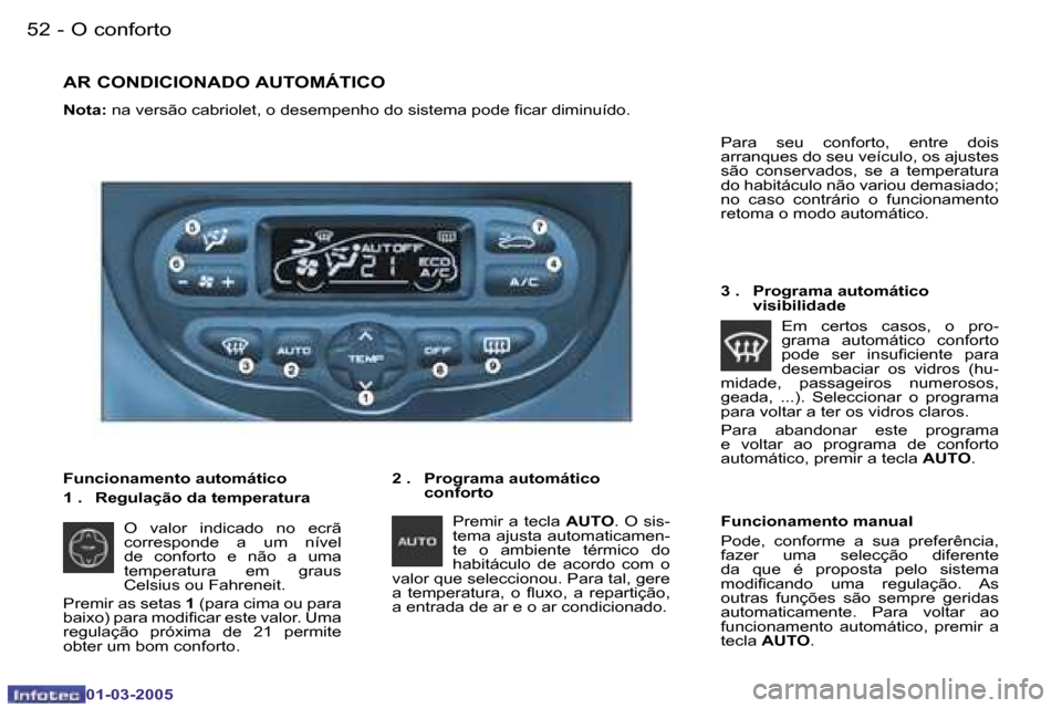 Peugeot 206 CC 2005  Manual do proprietário (in Portuguese) �5�2 �-�O� �c�o�n�f�o�r�t�o
�0�1�-�0�3�-�2�0�0�5
�5�3
�-�O� �c�o�n�f�o�r�t�o
�0�1�-�0�3�-�2�0�0�5
�A�R� �C�O�N�D�I�C�I�O�N�A�D�O� �A�U�T�O�M�Á�T�I�C�O
�N�o�t�a�:� 
�n�a� �v�e�r�s�ã�o� �c�a�b�r�i�o�l