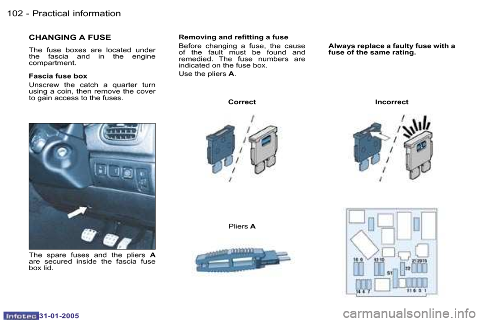Peugeot 206 CC 2004.5  Owners Manual �1�0�2 �-
�3�1�-�0�1�-�2�0�0�5
�1�0�3
�-
�3�1�-�0�1�-�2�0�0�5
�R�e�m�o�v�i�n�g� �a�n�d� �r�e�i�t�t�i�n�g� �a� �f�u�s�e 
�B�e�f�o�r�e�  �c�h�a�n�g�i�n�g�  �a�  �f�u�s�e�,�  �t�h�e�  �c�a�u�s�e�  
�o�f�