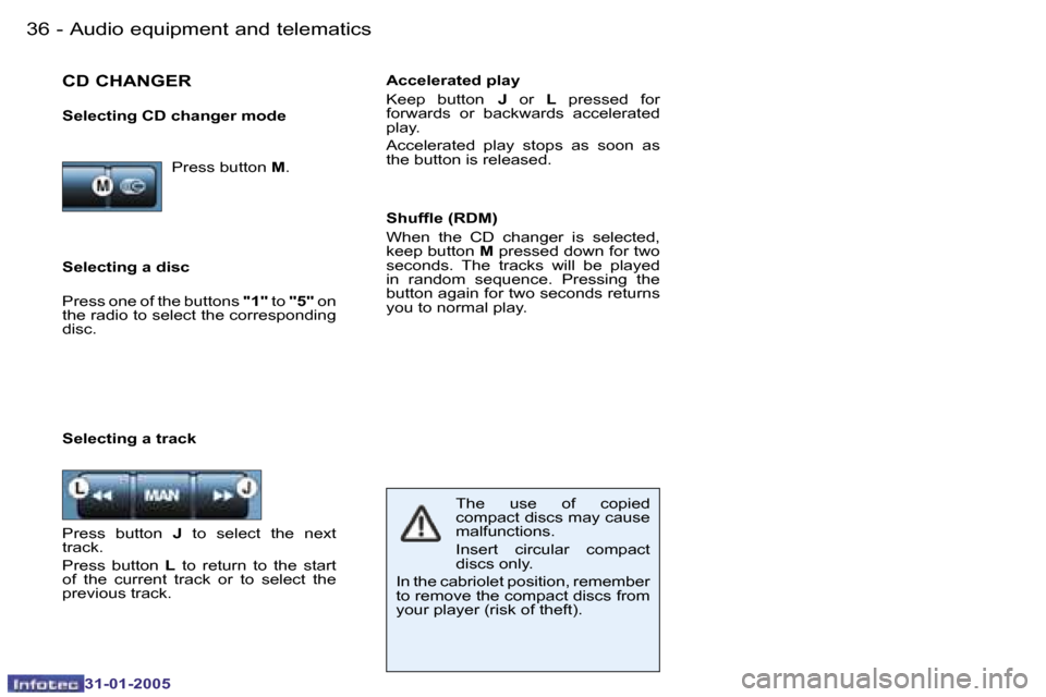 Peugeot 206 CC 2004.5  Owners Manual �3�6 �-
�3�1�-�0�1�-�2�0�0�5
�3�7
�-
�3�1�-�0�1�-�2�0�0�5
�A�u�d�i�o� �e�q�u�i�p�m�e�n�t� �a�n�d� �t�e�l�e�m�a�t�i�c�s
�S�e�l�e�c�t�i�n�g� �a� �d�i�s�c �A�c�c�e�l�e�r�a�t�e�d� �p�l�a�y 
�K�e�e�p�  �b�