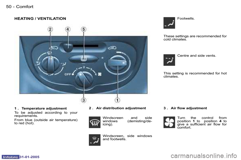 Peugeot 206 CC 2004.5  Owners Manual �5�0 �-
�3�1�-�0�1�-�2�0�0�5
�5�1
�-
�3�1�-�0�1�-�2�0�0�5
�C�o�m�f�o�r�t
�H�E�A�T�I�N�G� �/� �V�E�N�T�I�L�A�T�I�O�N
�1� �.�  �T�e�m�p�e�r�a�t�u�r�e� �a�d�j�u�s�t�m�e�n�t 
�T�o�  �b�e�  �a�d�j�u�s�t�e�