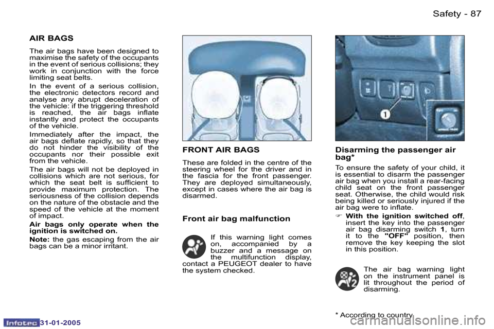 Peugeot 206 CC 2004.5  Owners Manual �8�6 �-
�3�1�-�0�1�-�2�0�0�5
�8�7
�-
�3�1�-�0�1�-�2�0�0�5
�F�R�O�N�T� �A�I�R� �B�A�G�S
�T�h�e�s�e� �a�r�e� �f�o�l�d�e�d� �i�n� �t�h�e� �c�e�n�t�r�e� �o�f� �t�h�e�  
�s�t�e�e�r�i�n�g�  �w�h�e�e�l�  �f�