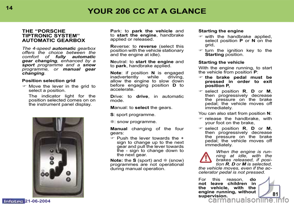Peugeot 206 CC 2004  Owners Manual �8�1
�1�4
�2�1�-�0�6�-�2�0�0�4
�1�5
�2�1�-�0�6�-�2�0�0�4
�Y�O�U�R� �2�0�6� �C�C� �A�T� �A� �G�L�A�N�C�E
�T�H�E� �“�P�O�R�S�C�H�E�  
�T�I�P�T�R�O�N�I�C� �S�Y�S�T�E�M�”� 
�A�U�T�O�M�A�T�I�C� �G�E�A�
