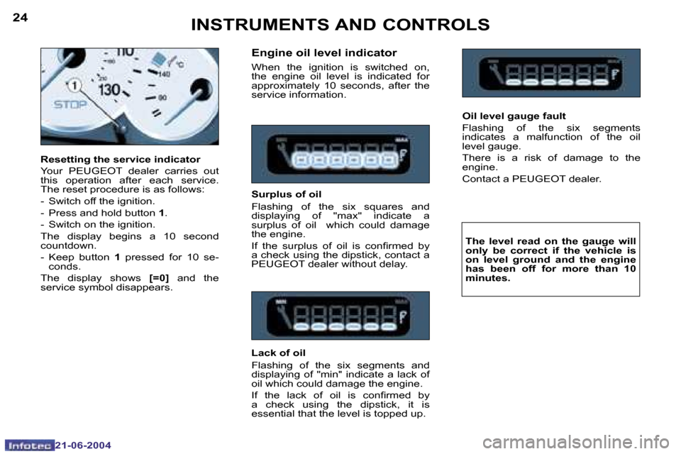 Peugeot 206 CC 2004  Owners Manual �2�4
�2�1�-�0�6�-�2�0�0�4
�2�5
�2�1�-�0�6�-�2�0�0�4
�I�N�S�T�R�U�M�E�N�T�S� �A�N�D� �C�O�N�T�R�O�L�S
�E�n�g�i�n�e� �o�i�l� �l�e�v�e�l� �i�n�d�i�c�a�t�o�r
�W�h�e�n�  �t�h�e�  �i�g�n�i�t�i�o�n�  �i�s�  