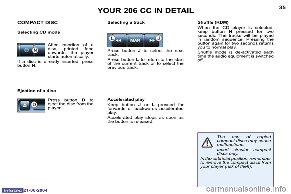 Peugeot 206 CC 2004  Owners Manual �3�4
�2�1�-�0�6�-�2�0�0�4
�3�5
�2�1�-�0�6�-�2�0�0�4
�Y�O�U�R� �2�0�6� �C�C� �I�N� �D�E�T�A�I�L
�C�O�M�P�A�C�T� �D�I�S�C� 
�S�e�l�e�c�t�i�n�g� �C�D� �m�o�d�e
�P�r�e�s�s�  �b�u�t�t�o�n� �J�  �t�o�  �s�e