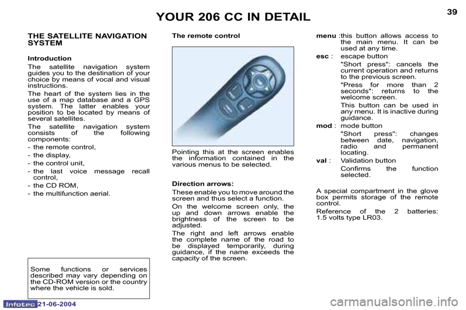 Peugeot 206 CC 2004  Owners Manual �3�8
�2�1�-�0�6�-�2�0�0�4
�3�9
�2�1�-�0�6�-�2�0�0�4
�Y�O�U�R� �2�0�6� �C�C� �I�N� �D�E�T�A�I�L
�T�h�e� �r�e�m�o�t�e� �c�o�n�t�r�o�l 
�P�o�i�n�t�i�n�g�  �t�h�i�s�  �a�t�  �t�h�e�  �s�c�r�e�e�n�  �e�n�a