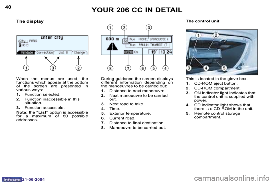 Peugeot 206 CC 2004  Owners Manual �4�0
�2�1�-�0�6�-�2�0�0�4
�4�1
�2�1�-�0�6�-�2�0�0�4
�Y�O�U�R� �2�0�6� �C�C� �I�N� �D�E�T�A�I�L
�W�h�e�n�  �t�h�e�  �m�e�n�u�s�  �a�r�e�  �u�s�e�d�,�  �t�h�e�  
�f�u�n�c�t�i�o�n�s� �w�h�i�c�h� �a�p�p�e