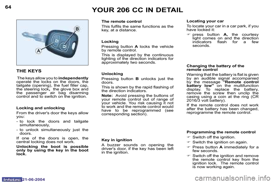 Peugeot 206 CC 2004  Owners Manual �6�4
�2�1�-�0�6�-�2�0�0�4
�6�5
�2�1�-�0�6�-�2�0�0�4
�Y�O�U�R� �2�0�6� �C�C� �I�N� �D�E�T�A�I�L
�T�H�E� �K�E�Y�S� 
� �T�h�e� �k�e�y�s� �a�l�l�o�w� �y�o�u� �t�o�  �i�n�d�e�p�e�n�d�e�n�t�l�y� 
�o�p�e�r�a