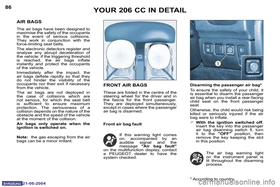 Peugeot 206 CC 2004  Owners Manual �8�6
�2�1�-�0�6�-�2�0�0�4
�8�7
�2�1�-�0�6�-�2�0�0�4
�Y�O�U�R� �2�0�6� �C�C� �I�N� �D�E�T�A�I�L�F�R�O�N�T� �A�I�R� �B�A�G�S
�T�h�e�s�e� �a�r�e� �f�o�l�d�e�d� �i�n� �t�h�e� �c�e�n�t�r�e� �o�f� �t�h�e�  