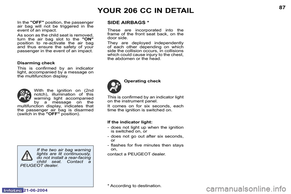 Peugeot 206 CC 2004  Owners Manual �8�6
�2�1�-�0�6�-�2�0�0�4
�8�7
�2�1�-�0�6�-�2�0�0�4
�Y�O�U�R� �2�0�6� �C�C� �I�N� �D�E�T�A�I�L
�I�n� �t�h�e� �"�O�F�F�"�  �p�o�s�i�t�i�o�n�,� �t�h�e� �p�a�s�s�e�n�g�e�r� 
�a�i�r�  �b�a�g�  �w�i�l�l�  