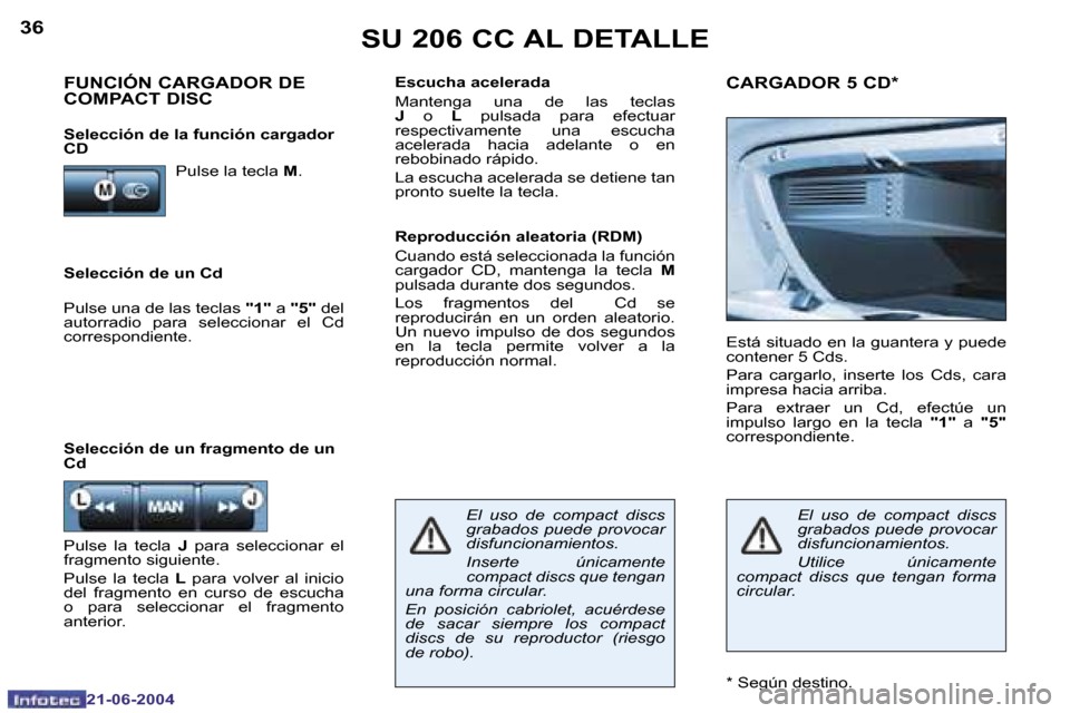 Peugeot 206 CC 2004  Manual del propietario (in Spanish) �3�6
�2�1�-�0�6�-�2�0�0�4
�3�7
�2�1�-�0�6�-�2�0�0�4
�S�U� �2�0�6� �C�C� �A�L� �D�E�T�A�L�L�E
�S�e�l�e�c�c�i�ó�n� �d�e� �u�n� �C�d�E�s�c�u�c�h�a� �a�c�e�l�e�r�a�d�a 
�M�a�n�t�e�n�g�a�  �u�n�a�  �d�e� 
