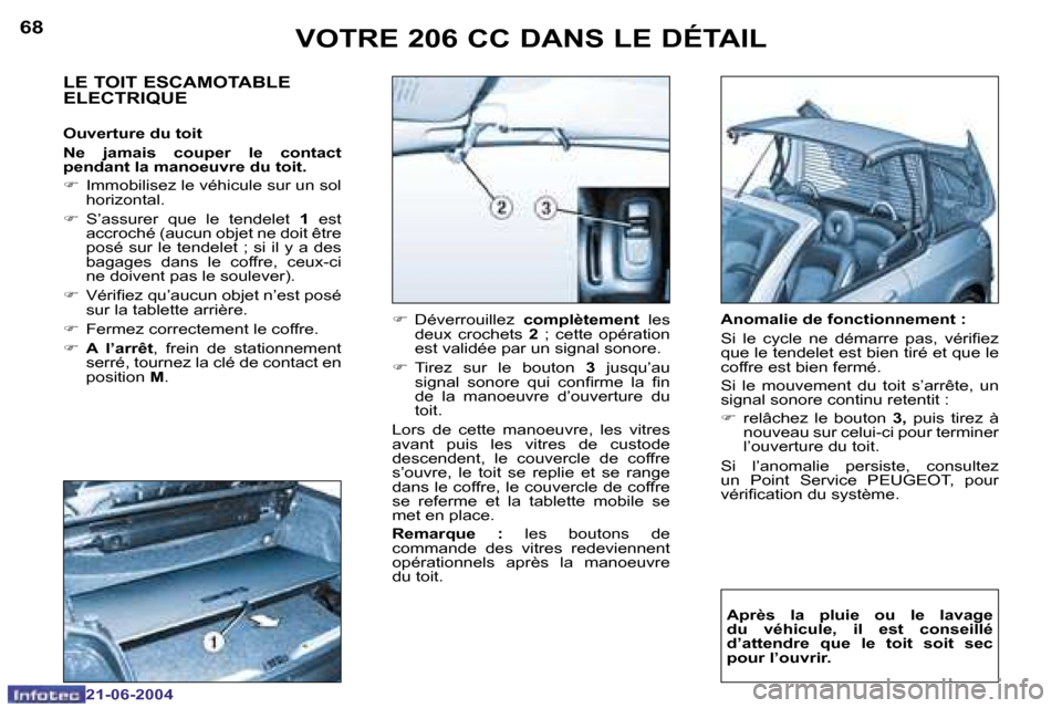 Peugeot 206 CC 2004  Manuel du propriétaire (in French) �6�8
�2�1�-�0�6�-�2�0�0�4
�6�9
�2�1�-�0�6�-�2�0�0�4
�V�O�T�R�E� �2�0�6� �C�C� �D�A�N�S� �L�E� �D�É�T�A�I�L
�L�E� �T�O�I�T� �E�S�C�A�M�O�T�A�B�L�E�  
�E�L�E�C�T�R�I�Q�U�E
�O�u�v�e�r�t�u�r�e� �d�u� �t�