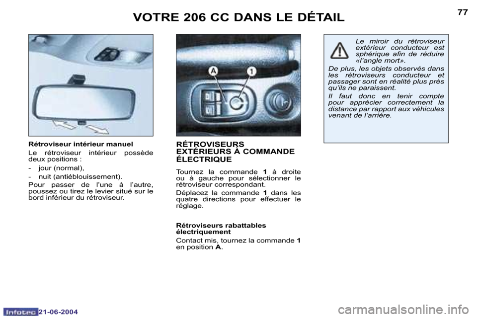 Peugeot 206 CC 2004  Manuel du propriétaire (in French) �7�6
�2�1�-�0�6�-�2�0�0�4
�7�7
�2�1�-�0�6�-�2�0�0�4
�V�O�T�R�E� �2�0�6� �C�C� �D�A�N�S� �L�E� �D�É�T�A�I�L
�R�é�t�r�o�v�i�s�e�u�r� �i�n�t�é�r�i�e�u�r� �m�a�n�u�e�l 
�L�e�  �r�é�t�r�o�v�i�s�e�u�r� 