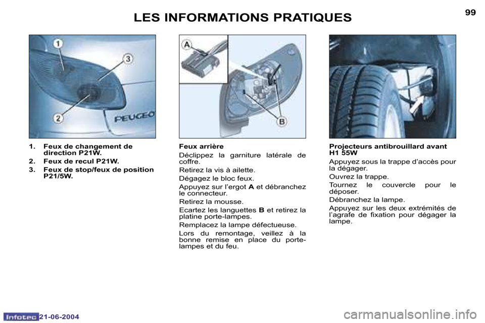 Peugeot 206 CC 2004  Manuel du propriétaire (in French) �9�8
�2�1�-�0�6�-�2�0�0�4
�9�9
�2�1�-�0�6�-�2�0�0�4
�L�E�S� �I�N�F�O�R�M�A�T�I�O�N�S� �P�R�A�T�I�Q�U�E�S
�1�.�  �F�e�u�x� �d�e� �c�h�a�n�g�e�m�e�n�t� �d�e� �d�i�r�e�c�t�i�o�n� �P�2�1�W�.
�2�.�  �F�e�u