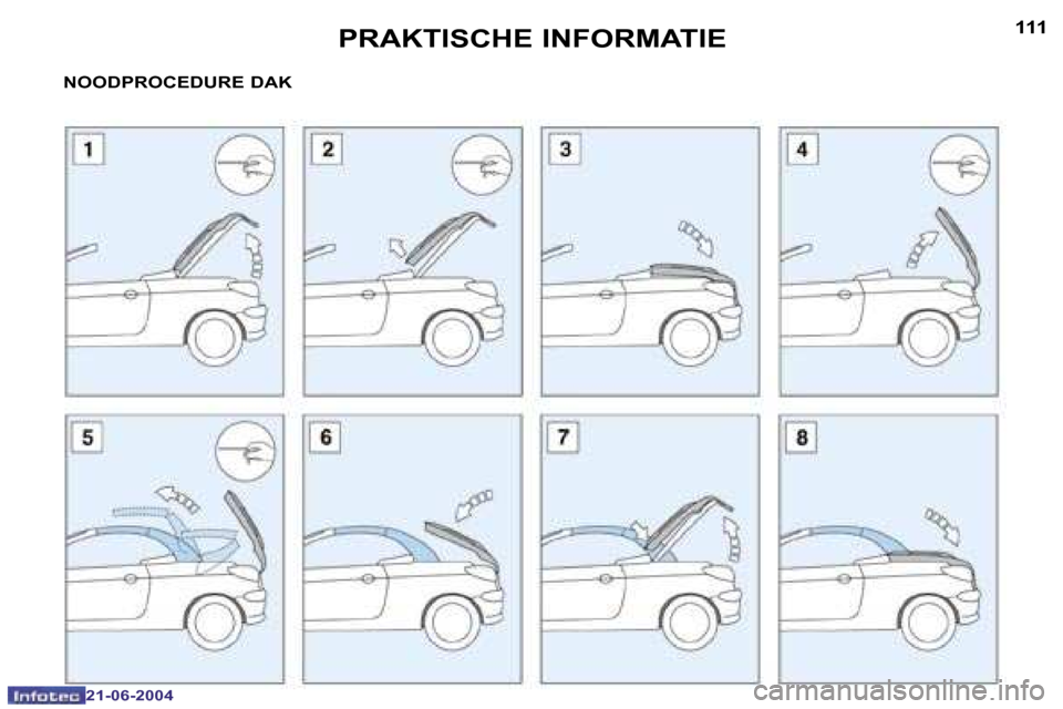 Peugeot 206 CC 2004  Handleiding (in Dutch) �1�1�0
�2�1�-�0�6�-�2�0�0�4
�1�1�1
�2�1�-�0�6�-�2�0�0�4
�P�R�A�K�T�I�S�C�H�E� �I�N�F�O�R�M�A�T�I�E
�N�O�O�D�P�R�O�C�E�D�U�R�E� �D�A�K  