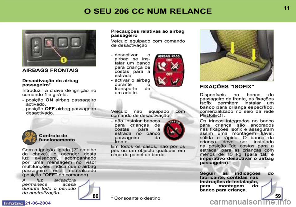 Peugeot 206 CC 2004  Manual do proprietário (in Portuguese) �5�9�8�6
�1�0
�2�1�-�0�6�-�2�0�0�4
�1�1
�2�1�-�0�6�-�2�0�0�4
�O� �S�E�U� �2�0�6� �C�C� �N�U�M� �R�E�L�A�N�C�E�F�I�X�A�Ç�Õ�E�S� �"�I�S�O�F�I�X�"
�D�i�s�p�o�n�í�v�e�i�s�  �n�o�  �b�a�n�c�o�  �d�o�  
