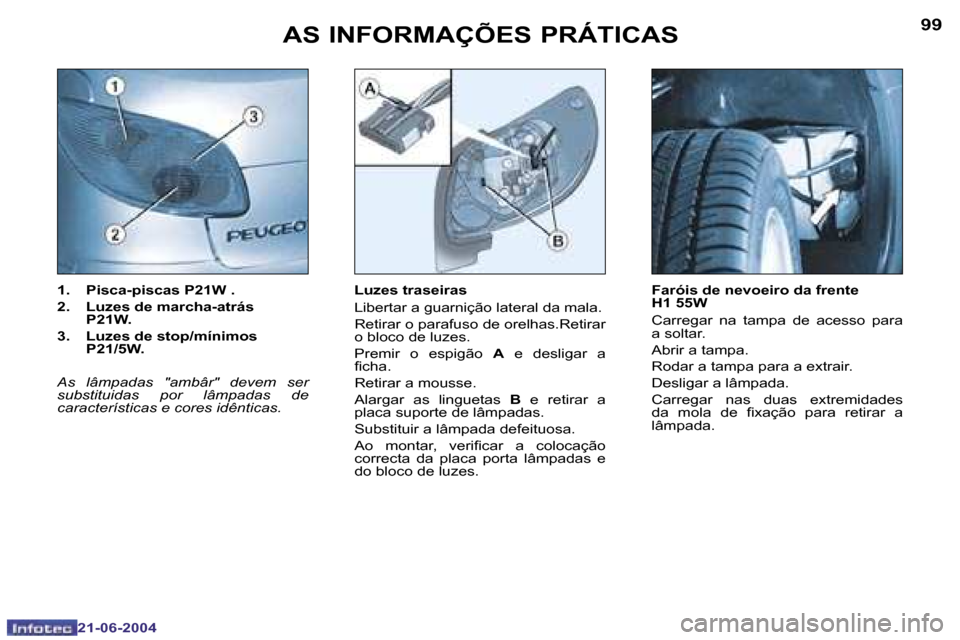 Peugeot 206 CC 2004  Manual do proprietário (in Portuguese) �9�8
�2�1�-�0�6�-�2�0�0�4
�9�9
�2�1�-�0�6�-�2�0�0�4
�A�S� �I�N�F�O�R�M�A�Ç�Õ�E�S� �P�R�Á�T�I�C�A�S
�1�.�  �P�i�s�c�a�-�p�i�s�c�a�s� �P�2�1�W� �. 
�2�.�  �L�u�z�e�s� �d�e� �m�a�r�c�h�a�-�a�t�r�á�s�