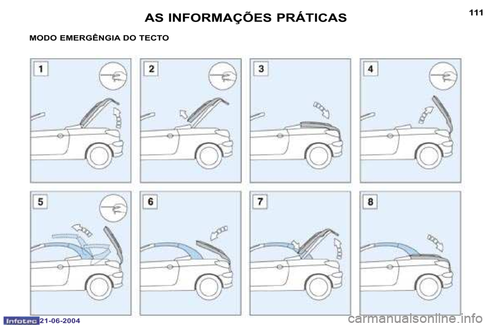 Peugeot 206 CC 2004  Manual do proprietário (in Portuguese) �1�1�0
�2�1�-�0�6�-�2�0�0�4
�1�1�1
�2�1�-�0�6�-�2�0�0�4
�A�S� �I�N�F�O�R�M�A�Ç�Õ�E�S� �P�R�Á�T�I�C�A�S
�M�O�D�O� �E�M�E�R�G�Ê�N�G�I�A� �D�O� �T�E�C�T�O  