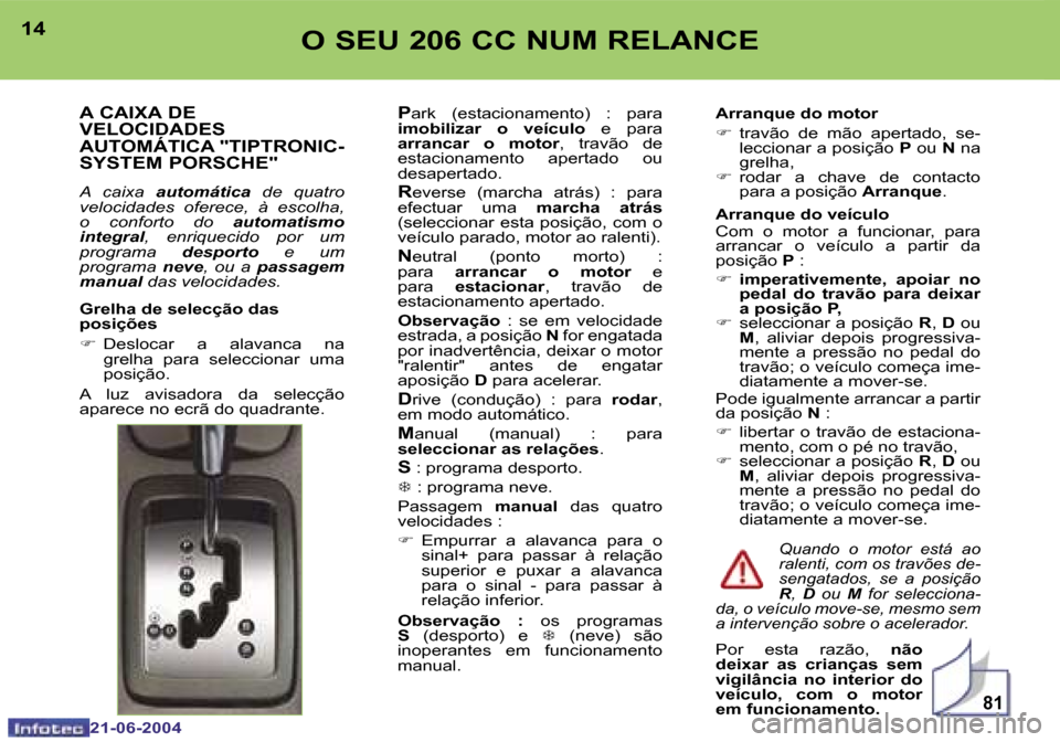 Peugeot 206 CC 2004  Manual do proprietário (in Portuguese) �8�1
�1�4
�2�1�-�0�6�-�2�0�0�4
�1�5
�2�1�-�0�6�-�2�0�0�4
�O� �S�E�U� �2�0�6� �C�C� �N�U�M� �R�E�L�A�N�C�E
�A� �C�A�I�X�A� �D�E�  
�V�E�L�O�C�I�D�A�D�E�S� 
�A�U�T�O�M�Á�T�I�C�A� �"�T�I�P�T�R�O�N�I�C�-