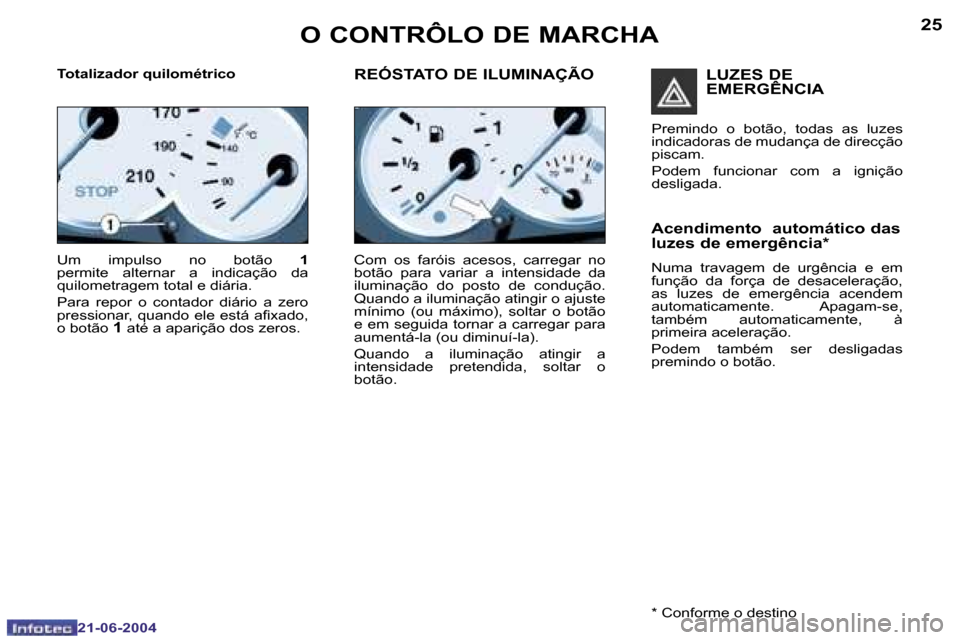 Peugeot 206 CC 2004  Manual do proprietário (in Portuguese) �2�4
�2�1�-�0�6�-�2�0�0�4
�2�5
�2�1�-�0�6�-�2�0�0�4
�O� �C�O�N�T�R�Ô�L�O� �D�E� �M�A�R�C�H�A
�U�m�  �i�m�p�u�l�s�o�  �n�o�  �b�o�t�ã�o� �1� 
�p�e�r�m�i�t�e�  �a�l�t�e�r�n�a�r�  �a�  �i�n�d�i�c�a�ç�