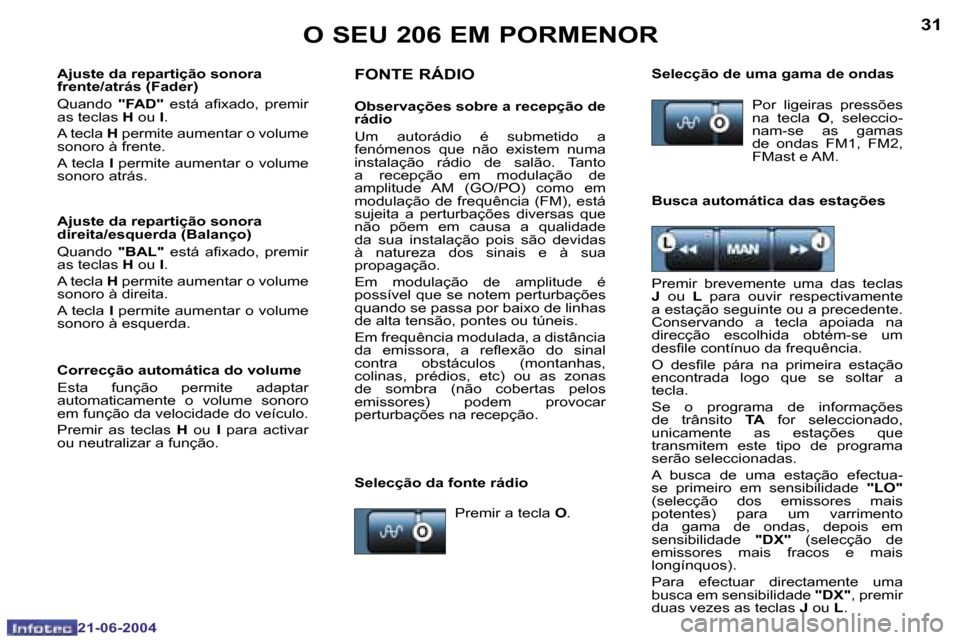 Peugeot 206 CC 2004  Manual do proprietário (in Portuguese) �3�0
�2�1�-�0�6�-�2�0�0�4
�3�1
�2�1�-�0�6�-�2�0�0�4
�O� �S�E�U� �2�0�6� �E�M� �P�O�R�M�E�N�O�R�F�O�N�T�E� �R�Á�D�I�O
�O�b�s�e�r�v�a�ç�õ�e�s� �s�o�b�r�e� �a� �r�e�c�e�p�ç�ã�o� �d�e�  
�r�á�d�i�o 